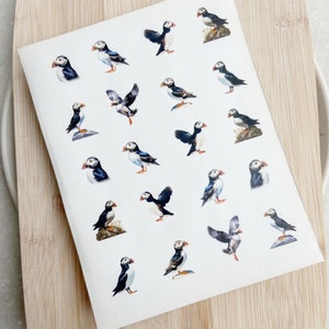 May include: A sheet of stickers featuring 18 colorful illustrations of puffins. The puffins are depicted in various poses, including flying, swimming, and standing on rocks. The stickers are perfect for adding a touch of whimsy to journals, laptops, water bottles, and other surfaces.