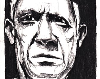 Portrait of Picasso, original drawing, portrait, black and white portrait, wall art, sketch, expressive drawing, drawings of people