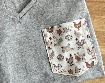 Homestead Style: Women's Medium Tee with Chicken Print pocket, Upcycled Fashion