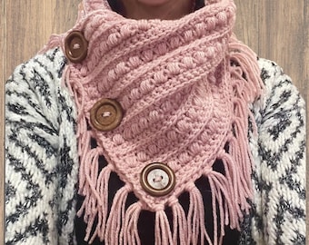 Hand Crocheted Bella Cowl with Fringe & Wood Buttons, Western Boho Winter Fashion Accessory
