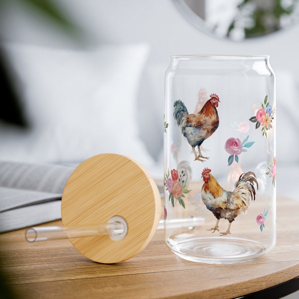 Floral watercolor chicken Sipper Glass, iced coffee glass, farmhouse kitchen decor, chicken gift, homestead sipper glassware