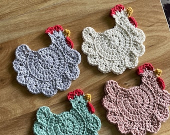 Crochet Chicken Coaster Set, Farmhouse Decor, Housewarming Gift