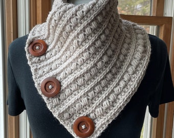 Cozy Hand Crocheted Cowl with Wooden Buttons, Light Gray Fall & Winter Fashion