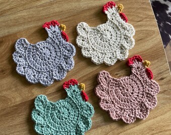 Crochet, Knit chicken coaster, farmhouse decor, farm animal coaster, housewarming gift, mothers day gift