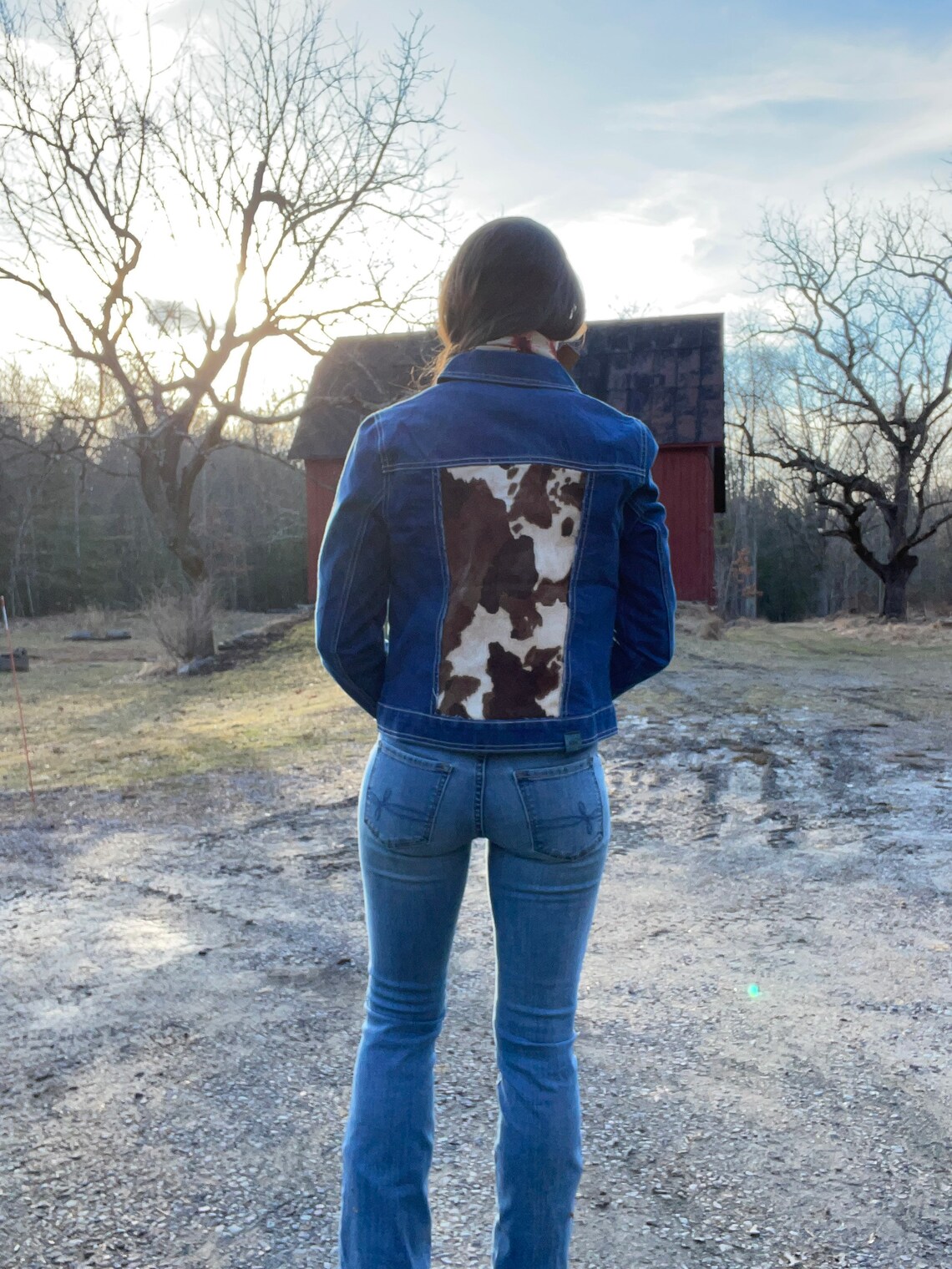 Faux Cowhide Jean Jacket, Dark Wash Denim, Western Fashion, Fall