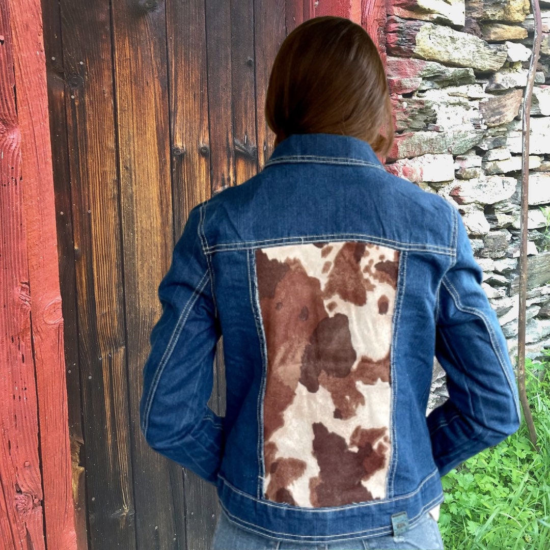 Faux Cowhide Jean Jacket Dark Wash Denim Western Fashion Etsy