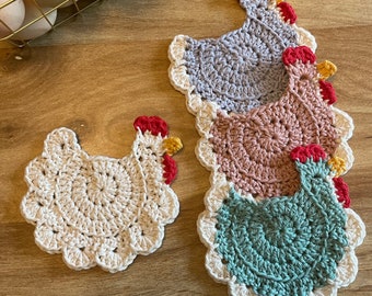 Crochet, Knit chicken coaster, farmhouse decor, farm animal coaster, housewarming gift