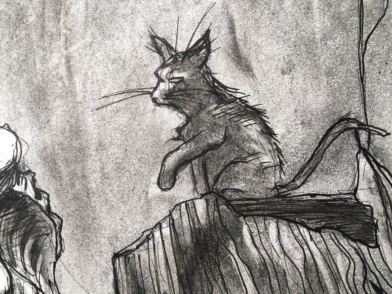 Gaurdians of the dead black and white hand drawn illustration traditional charcoal art macabre dark artwork forest cat cats woods trees