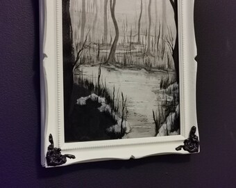 Winter Landscape illustration drawing black and white with vintage frame for sale by artist