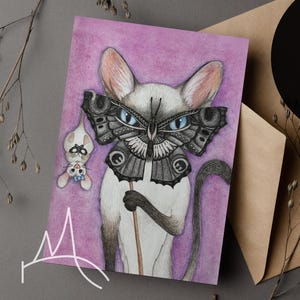 May include: A 5x7 folded card with a whimsical illustration of a cat wearing a butterfly mask, holding a stick. The card has a purple background and a small hanging mouse. The text "Instant Digital Download" is on the card.