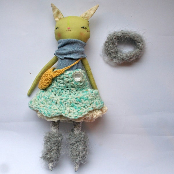 spunky little green cat lu girl doll - 13"ish handmade cloth doll - light green, blue, gold, fuzzy grey cat