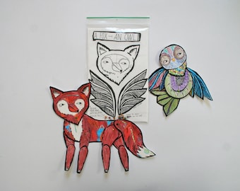 Fox and owl articulated paper dolls - colour your own- paper doll fox and owl DIGITAL DOWNLOAD