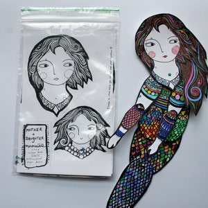 Mermaid mother and daughter articulated paper dolls - color your own- DIGITAL DOWNLOAD 2 articulated paper dolls