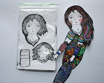 Mermaid mother and daughter articulated paper dolls - color your own- DIGITAL DOWNLOAD 2 articulated paper dolls