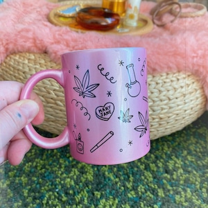 stoner coffee cup, up in smoke, pink pot smokers, marijuana mug design, coffee mug, pastel vibes, metallic mug