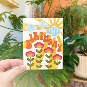 birthday card, beautiful birthday, flowers, retro vibes, happy birthday greeting card
