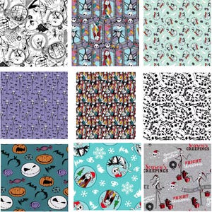 May include: A collection of nine fabric patterns featuring characters and motifs from The Nightmare Before Christmas, including Jack Skellington and Sally in various color palettes like black, white, purple, teal, and gray with holiday themes.