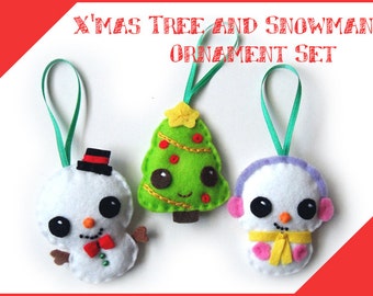 Holiday Felt Ornament - Kawaii Christmas Tree and Snowman Set - PDF Pattern