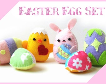 Felt doll PDF pattern -  Colourful Easter Egg Set with Easter Bunny and Adorable Chick