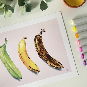Bananas Print on Recycled Cardstock with Blush Pink Background | 5x7 Print/Notecard or 8x10 Print