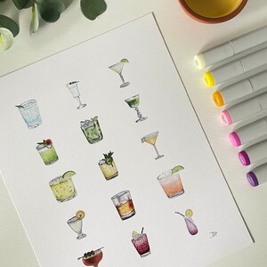 Mini-regenboogcocktails | 5x7 print/Notecard of 8x10 print op gerecycled karton | Margarita, Martini, Gimlet, ouderwets