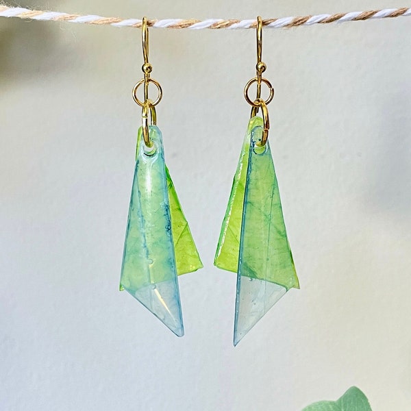 Upcycled Plastic, Alcohol Ink + Resin Earrings | Translucent Light Blue and Bright Green Triangular/Angled Translucent Earrings