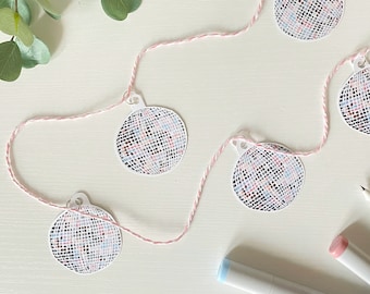 6' Recycled Paper Garland | 12 Disco Balls on Pink and White Baker's Twine | Made by Hand | Hang Vertically or Horizontally
