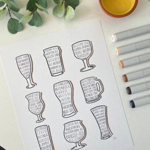 Bierglazen met biersoorten afdrukken | 5x7 print/Notecard of 8x10 print op gerecycled karton | Pint, mok, tulp, pils