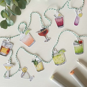 6' Recycled Paper Garland | 12 Rainbow Cocktails on Green and White Baker's Twine | Made by Hand | Hang Vertically or Horizontally