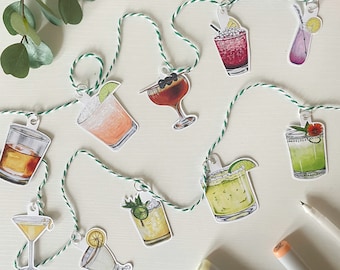6' Recycled Paper Garland | 12 Rainbow Cocktails on Green and White Baker's Twine | Made by Hand | Hang Vertically or Horizontally