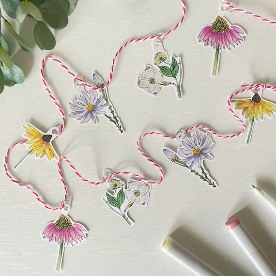6' Recycled Paper Garland | 12 Wildflowers on Pink and White Baker's Twine | Made by Hand | Hang Vertically or Horizontally
