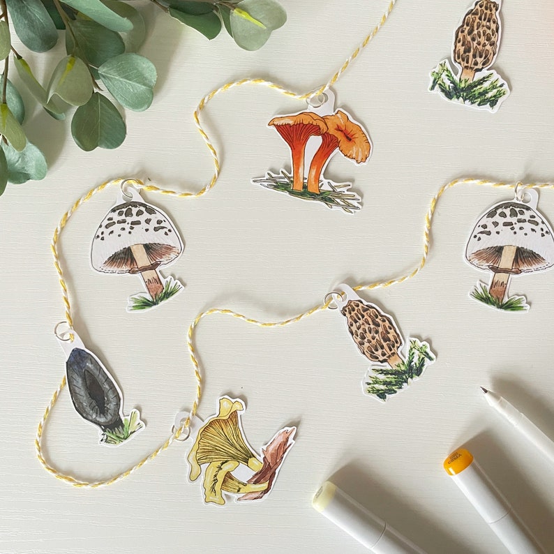 May include: A whimsical mushroom garland featuring various watercolor illustrations of different mushroom species. The garland is strung on a yellow and white twine, with each mushroom image attached by a small metal ring. The mushrooms are in shades of brown, orange, and white.