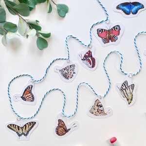 6' Recycled Paper Garland | 12 Butterflies on Blue and White Baker's Twine | Made by Hand | Hang Vertically or Horizontally