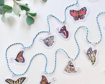 6' Recycled Paper Garland | 12 Butterflies on Blue and White Baker's Twine | Made by Hand | Hang Vertically or Horizontally