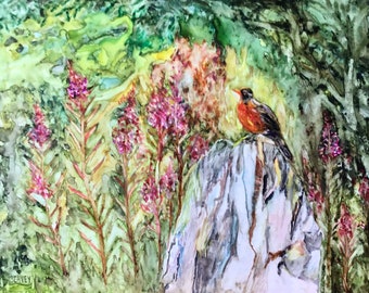 Yupo watercolor, original painting, Robin Basking in Sunlight