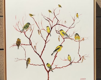 Nature Series, Watercolor on Yupo, Sunny Goldfinches