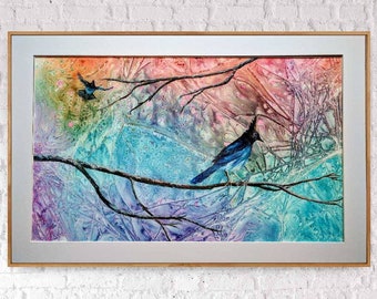 Steller's Jay and Friend, Watercolor on Yupo, large original painting, new