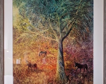 Pastoral Dream with Horses, Watercolor on Yupo, large original painting, Custom Matt and Frame