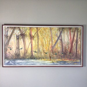May include: A watercolor painting of a forest scene with a stream in the foreground. The trees are painted in shades of yellow, orange, and brown. A flock of ducks flies over the stream.