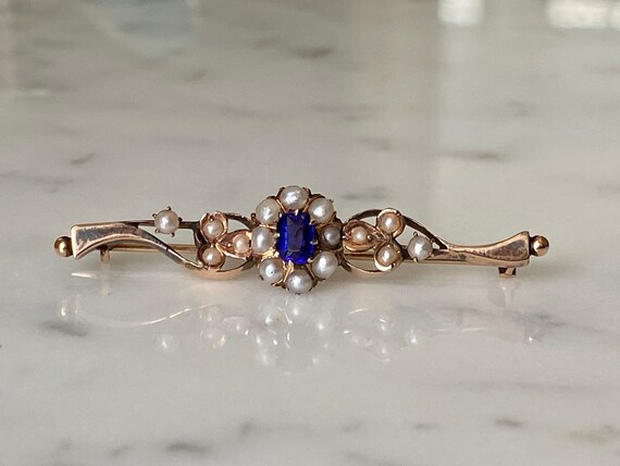 14K Gold Victorian Brooch with Sapphire and Natural Pearls