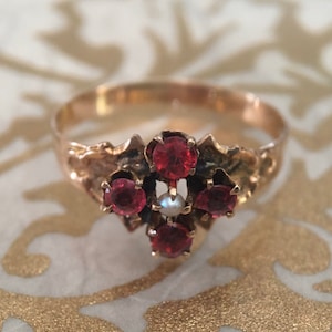 Victorian Rubellite Tourmaline and Pearl 12K Gold Ring