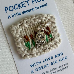 May include: A small, beige knitted square with embroidered brown and green details, and a silver owl charm. The card reads "POCKET HUG, A little square to hold" and "WITH LOVE AND A GREAT BIG HUG".