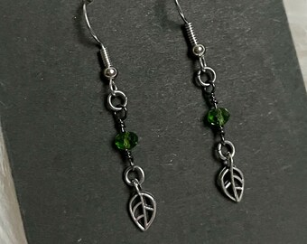 Silver Leaf Green Glass Beaded Sterling Hook Earrings