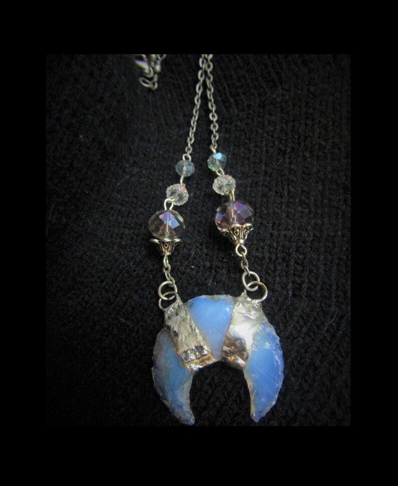 Opalite Glass Crescent Moon Beaded Chain Necklace