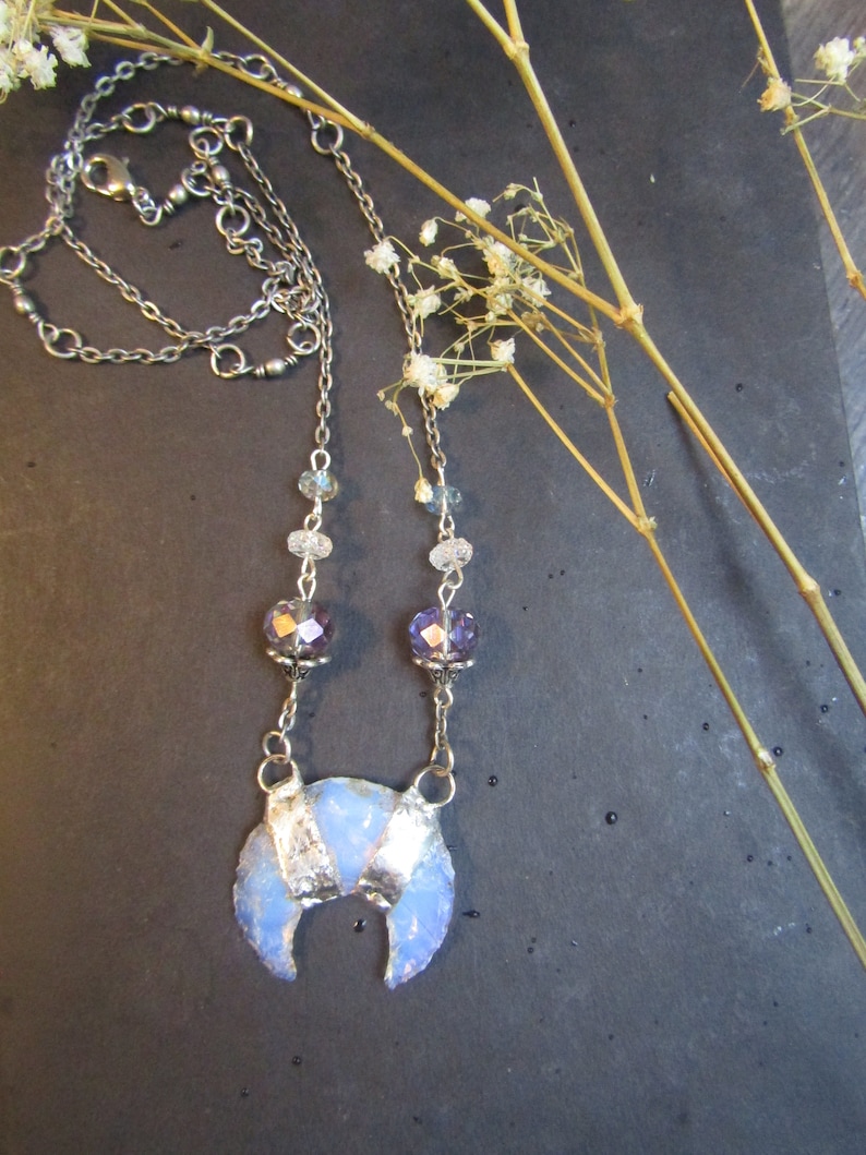 Opalite Glass Crescent Moon Beaded Chain Necklace