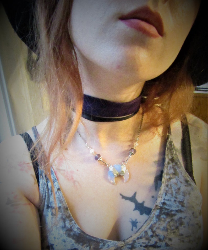 Opalite Glass Crescent Moon Beaded Chain Necklace