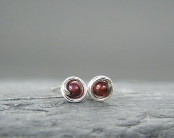 Garnet stud earrings ~ Unusual stud earrings ~ Handmade silver stud earrings ~ Gemstones ~ Gift for friend earrings ~ January birthstone