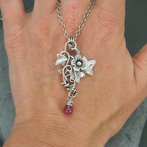 Ruby Necklace ~ Ruby ~  Ruby jewellery ~ Ruby pendant ~ Natural ruby ~ Sterling silver ~ Flower necklace ~ Leaf necklace ~ July birthstone