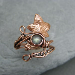 Labradorite Leaf Ring: Adjustable Antique Copper Ivy Ring