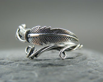 Sterling Silver Feather Ring: Adjustable Thumb Ring